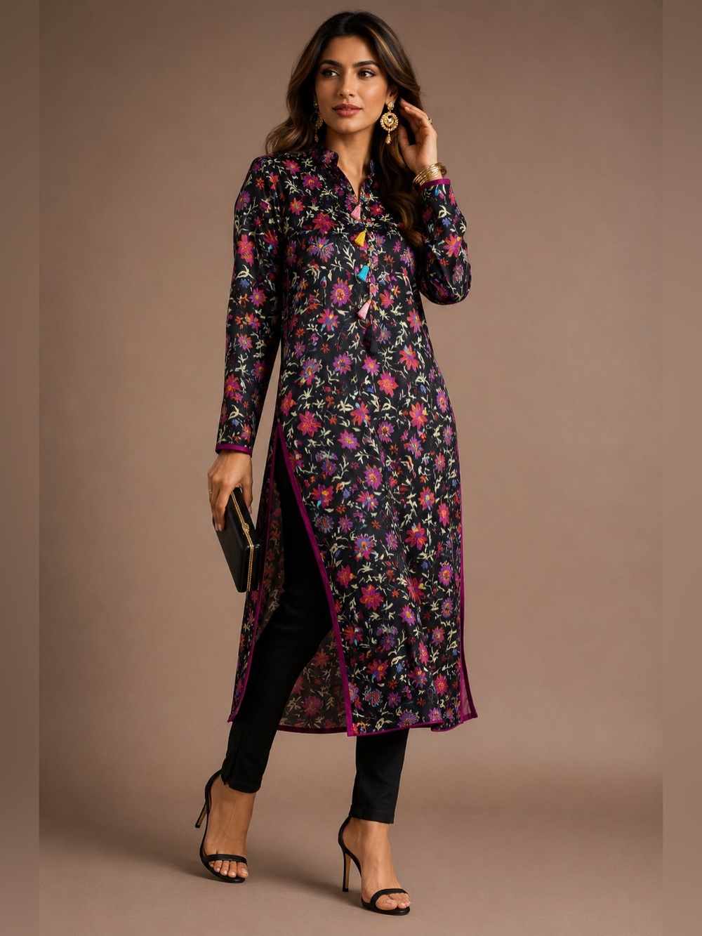Vintage Floral Satin Long Tunic Top Tassel Neck Boho Blouse Black Pink handmade
